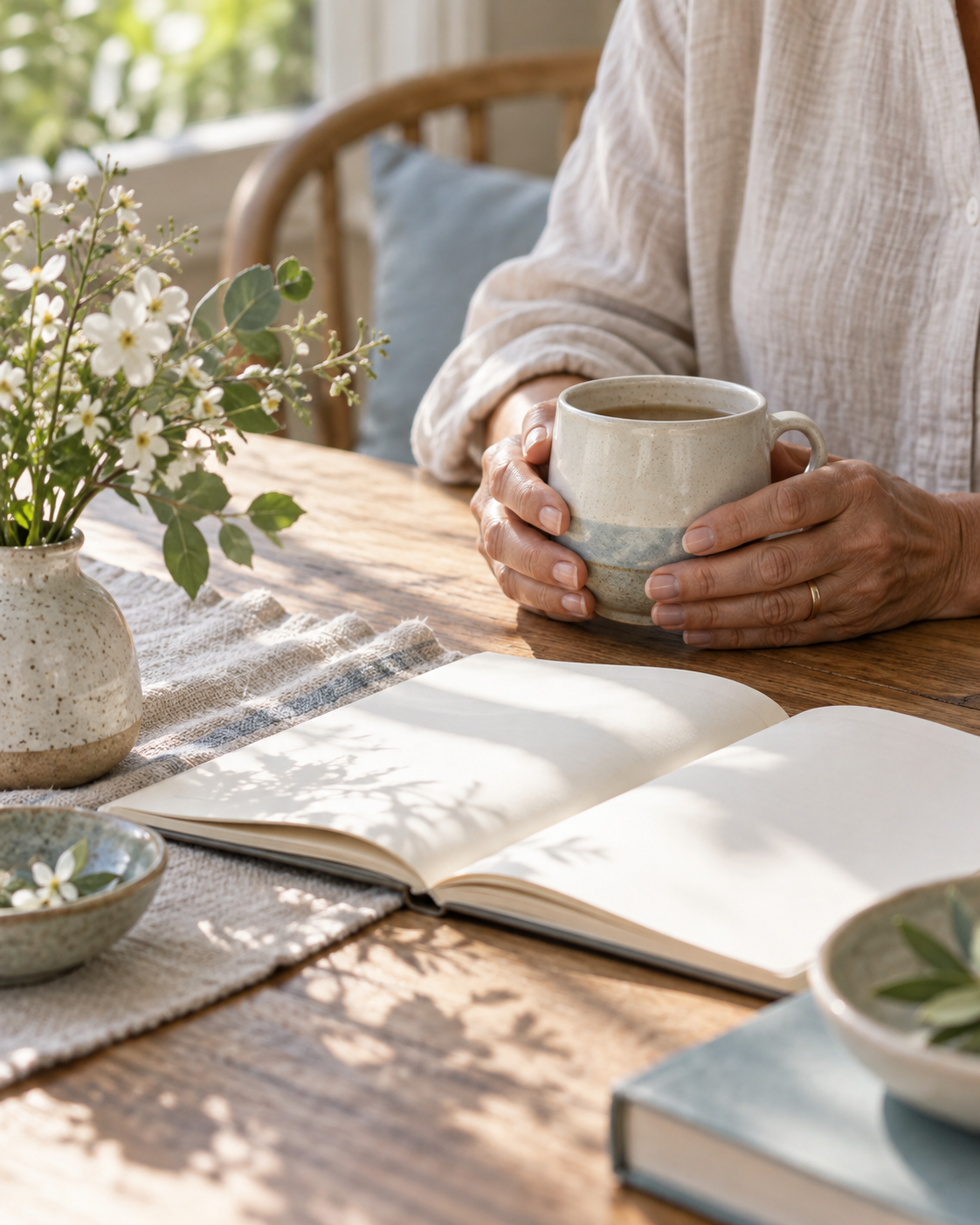 Hands holding a warm drink beside an open journal